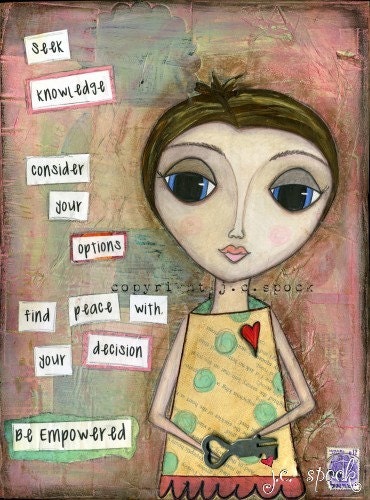 Mixed Media Art: Empowered Girl 8x10 print - Inspirational Art, Whimsical Folk Art - 50 percent donated to FORCE - Pink, aqua