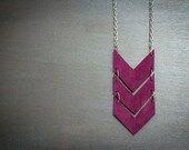 Scout leather chevron necklace  - Berry Pink and Silver, genuine leather, tribal, military, chain, geometric, extra long
