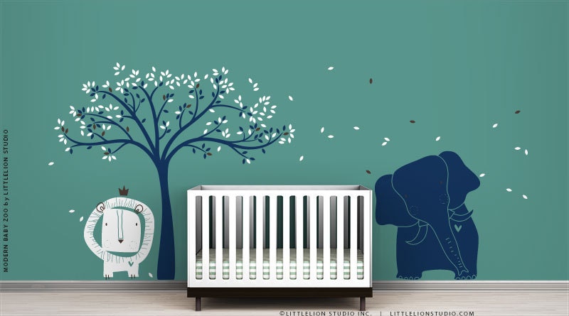 Modern Baby Zoo Wall Decal Mural by LittleLion Studio - Tree, elephant and Lion - Unusual color combos that really work
