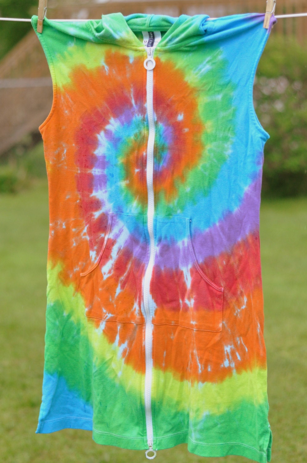 Tie Dye Pool Beach Cover Up Hood Zippered Sleeveless Dress Women's Size Medium