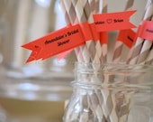Grey Paper Straws with Coral Flags, 25 qty