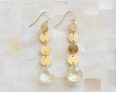 Faceted 24KT Gold Foil Rock Crystal Quartz Drops on Vermeil Disc Dangle Earrings (E1208)