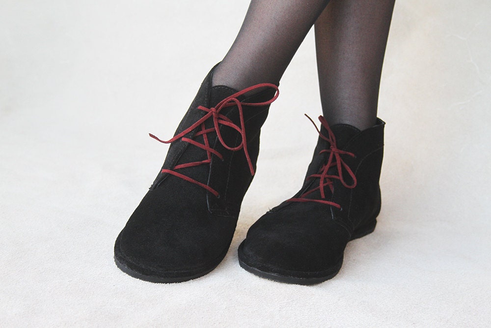 Leona in Black Suede - Handmade Leather flat lace-up ankle boots - CUSTOM FIT