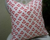 Vintage 1960s Anchor Fabric Nautical Cushion Pillow Cream Red