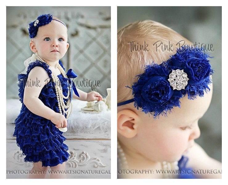 Royal Blue Petti Lace Romper & Shabby Chic Heanband set for girls. Many more Colors in Our Etsy shop.
