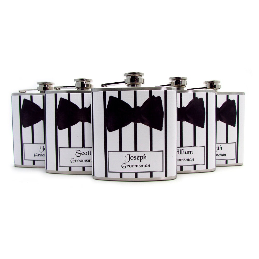 Bow Tie Flasks on Black and White Stripe for Groomsmen Best Man 6oz and 8oz Sizes Flask
