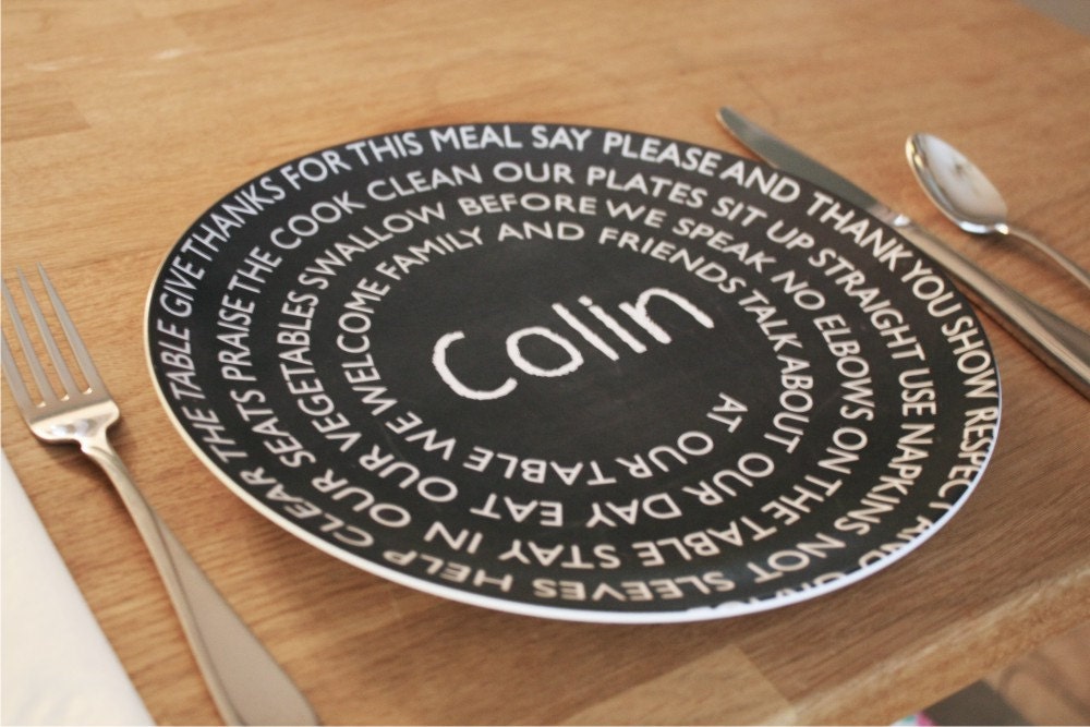 Personalized Children's Melamine Plate - Chalkboard Dinner Table Rules - original design by a drop of golden sun
