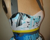 Custom made to order Batman Dark Knight  White Blue Gray and Black SweetHeart Geekery Pinup Ruffled Dress