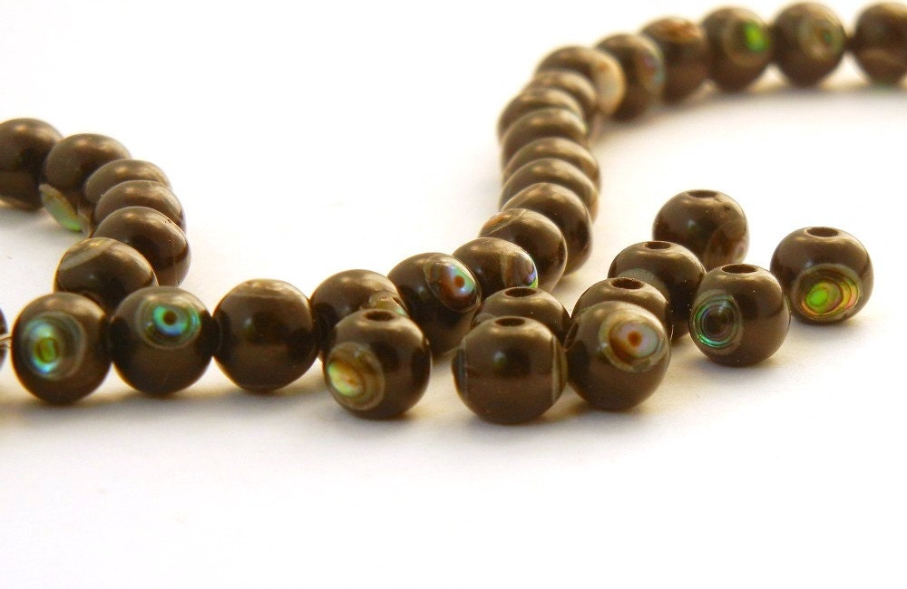 Small Ebony Wood Bead with Abalone shell inlay - 6mm round - 10 pieces