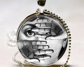 Fornasetti Face Peekaboo Eye Necklace Surrealism, Fantasy, Black and White Glass Dome Art Pendant With Ball Chain Included