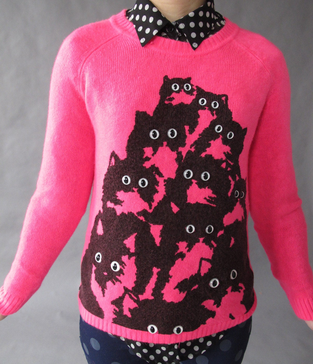 Neon Pink Crazy Kitty Sweater. Small