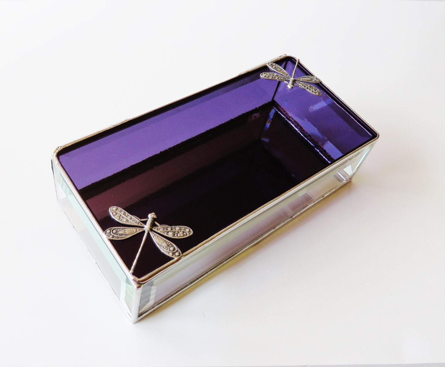 Stained Glass Box Deep Purple 4x8 w/ Silver-plated Floral-stamped Dragonflies Wedding Anniversary Gift Graduation Handmade OOAK
