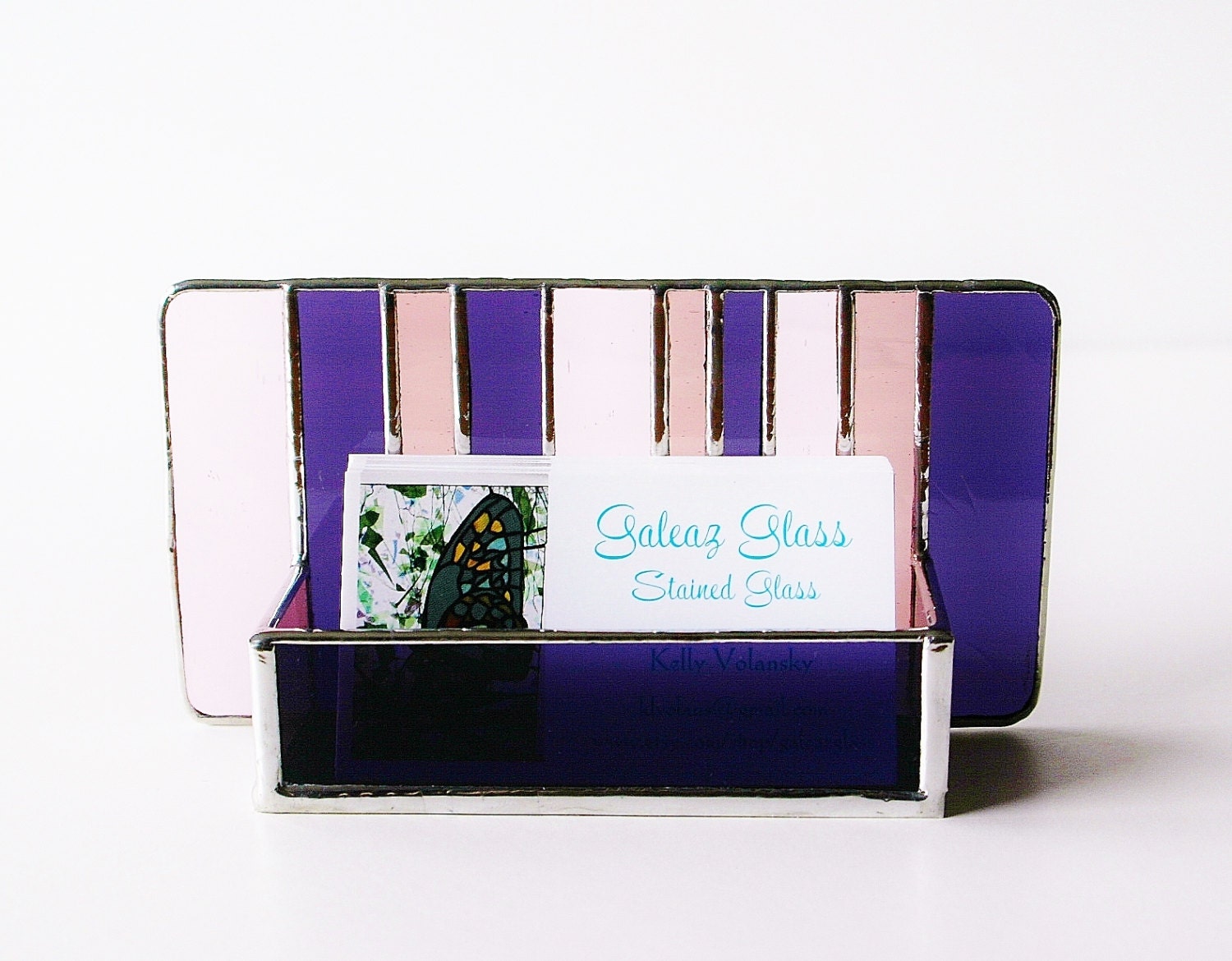 Contemporary Stained Glass Business Card Holder Dark Purple Pink Rose Mauve Art Glass Modern Desk Accessory Handmade