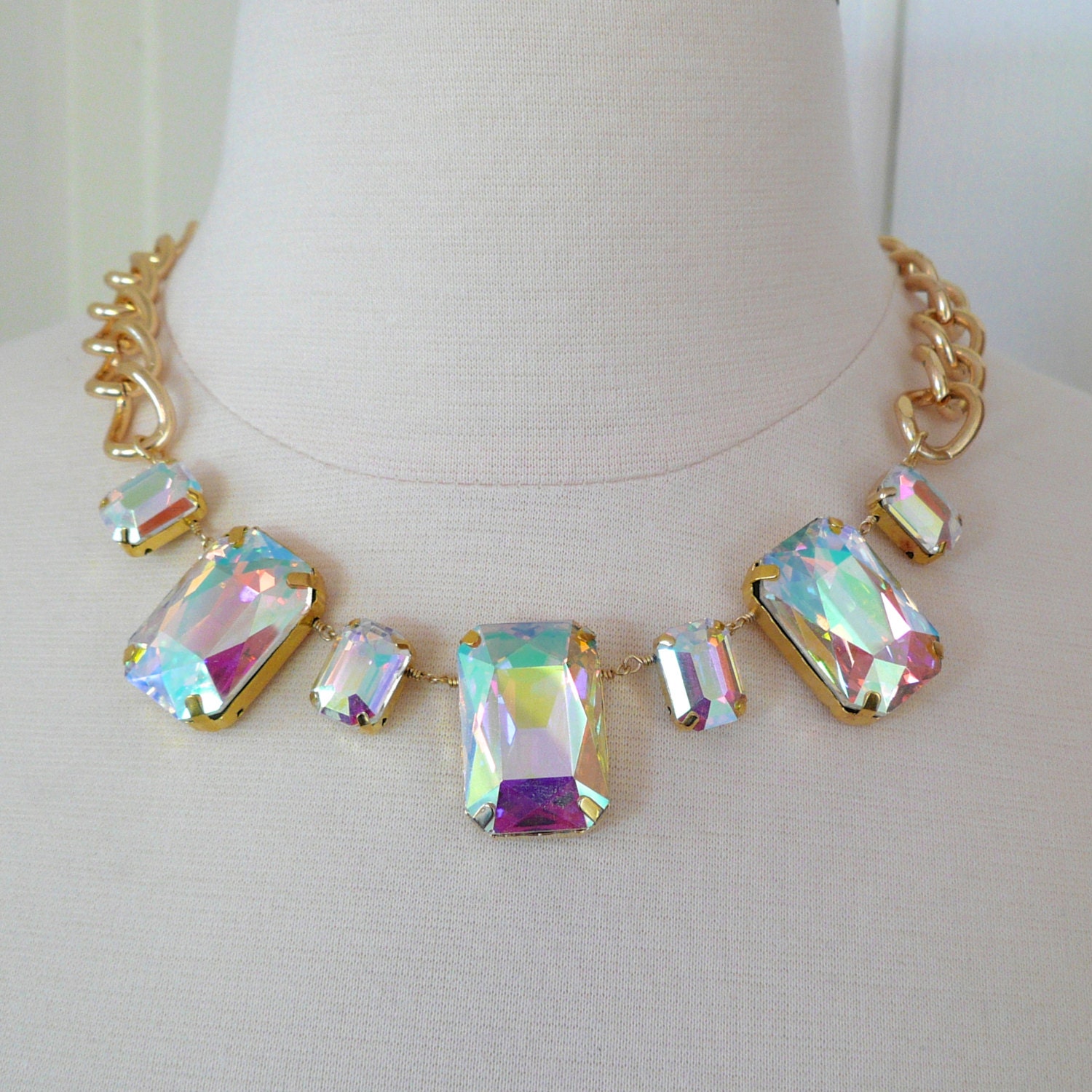 Aurora Borealis crystal & Gold Chain Statement Necklace