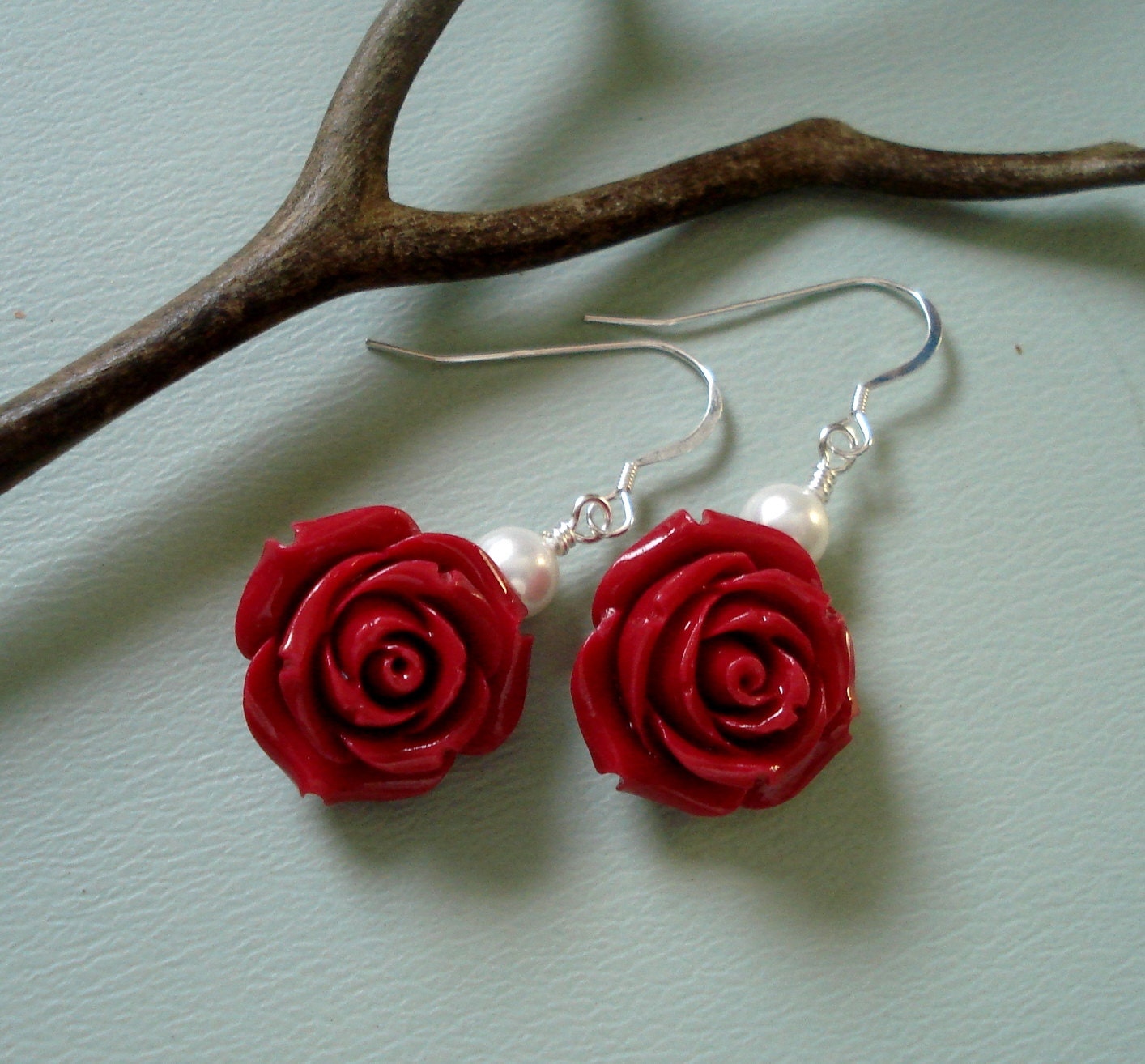 Elegant Bridal Jewelry-Red color Rose Pearl Earrings ONLY - Wedding Jewelry, Valentine Jewelry