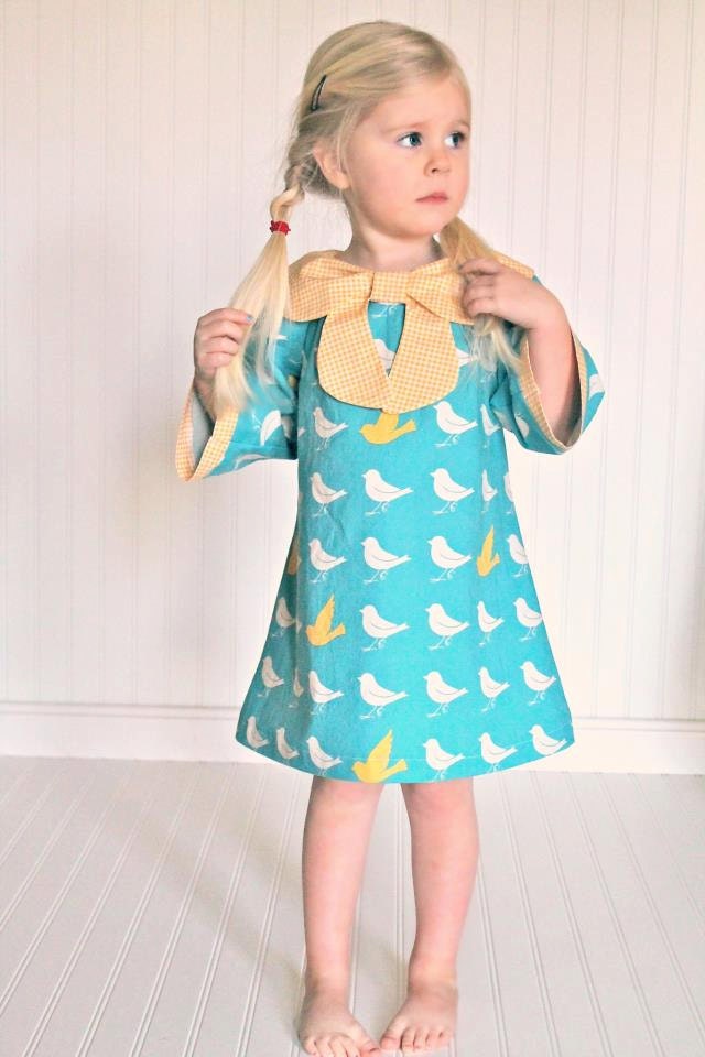 Retro Girl Sparrow Dress with Yellow Gingham Bow Neck  Vintage Inspired  Ready To Ship:  Size 4