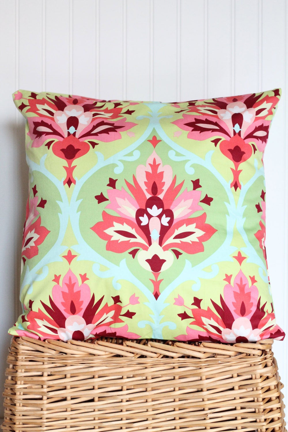 Damask Pillow Cover  18 x 18  using Amy Butler fabrics  Pink Green Aqua Yellow  Ready to Ship:  Home Decor