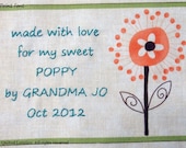 Quilt Label - Orange Flower, Custom Made & Hand Embroidered
