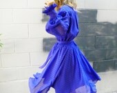 Lilac RUFFLE neck dotty secretary dress. Flowy PUFF sleeves. feminine ladylike midi dancing dress. Lavender blue.