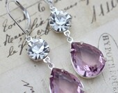 Light Purple Amethyst  Clear Crystal Glass Earrings Silver Bridesmaids Earrings Bridal Party Wedding Jewelry Clip ons available