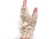 Cream lace wedding fingerless gloves hand knitted in silk / coltton mix with vintage lace trim