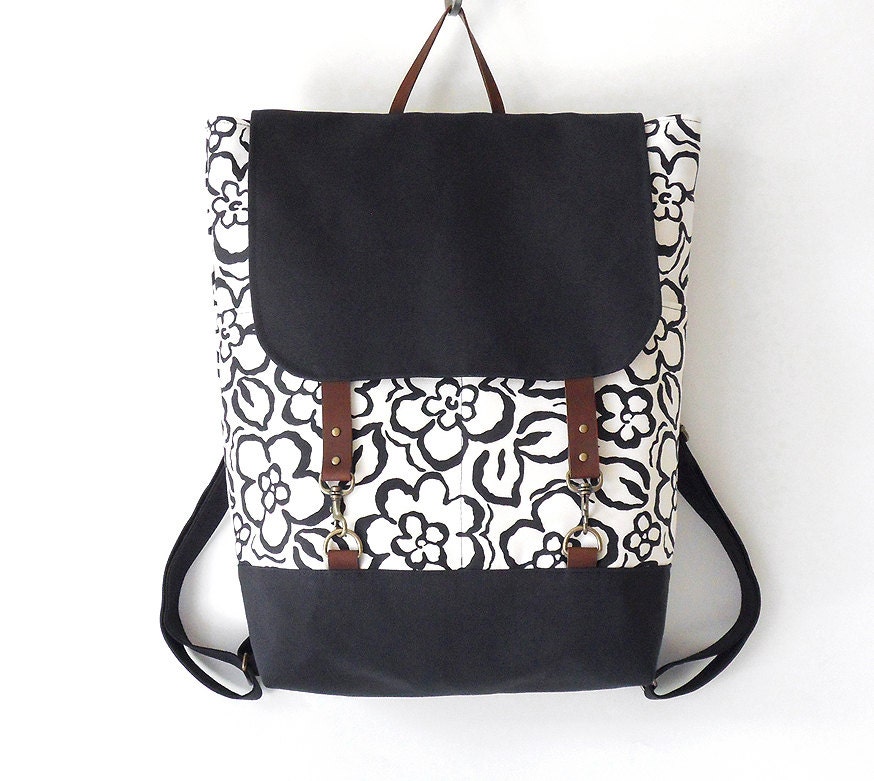 Navy blossom Backpack , laptop bag, school bag, diaper bag, with leather closure, 2 front pockets, Design by BagyBags