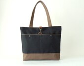 Navy and chocobrown canvas shoulder Bag / Tote / Diaper bag, with 2 Front Pockets, Design by BagyBags