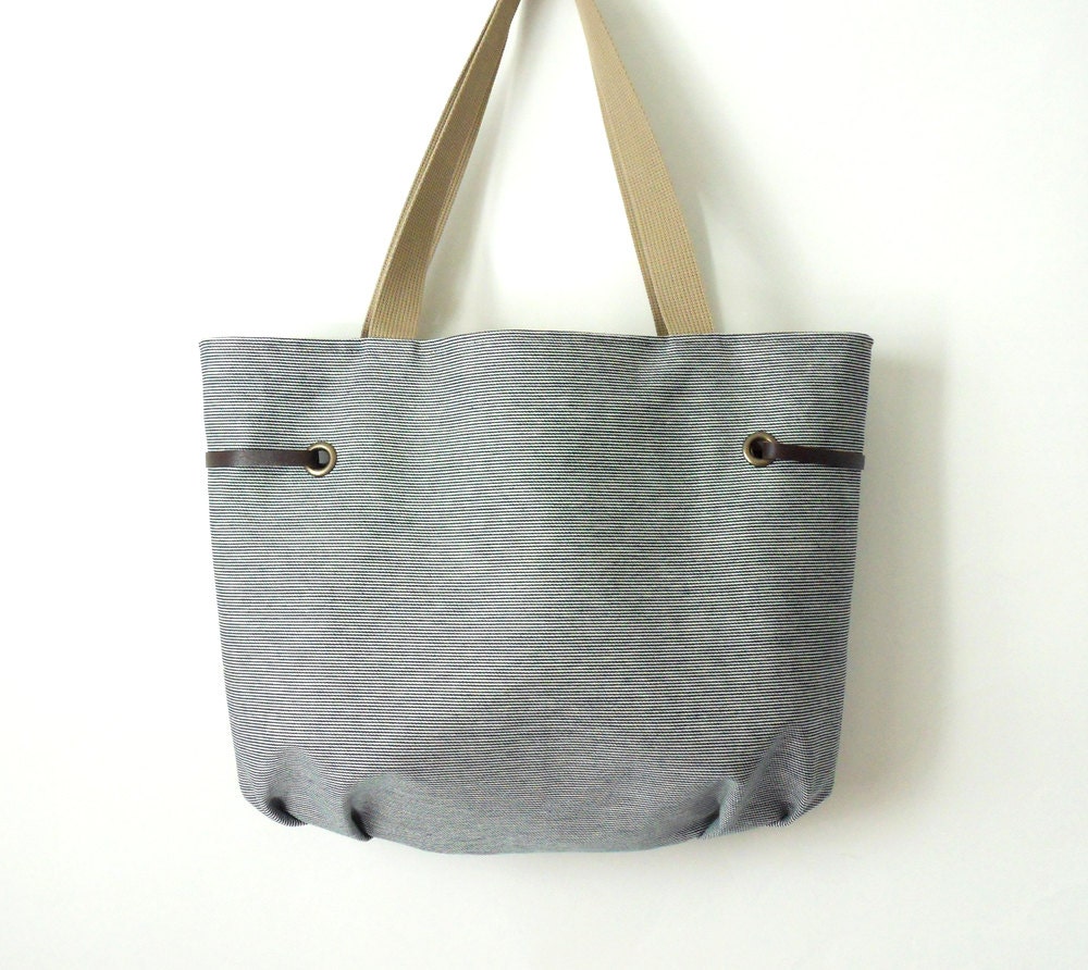 Stripe denim Tote with side leather strings / Tote / Shoulder bag / Diaper bag / School bag, Design by BagyBags