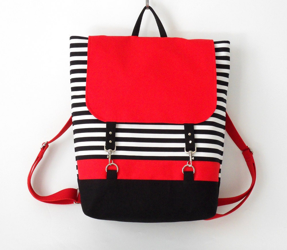 Black stripe canvas backpack / Laptop backpack / School bag / Laptop bag / With clasp closure, Front pocket, Design by BagyBags