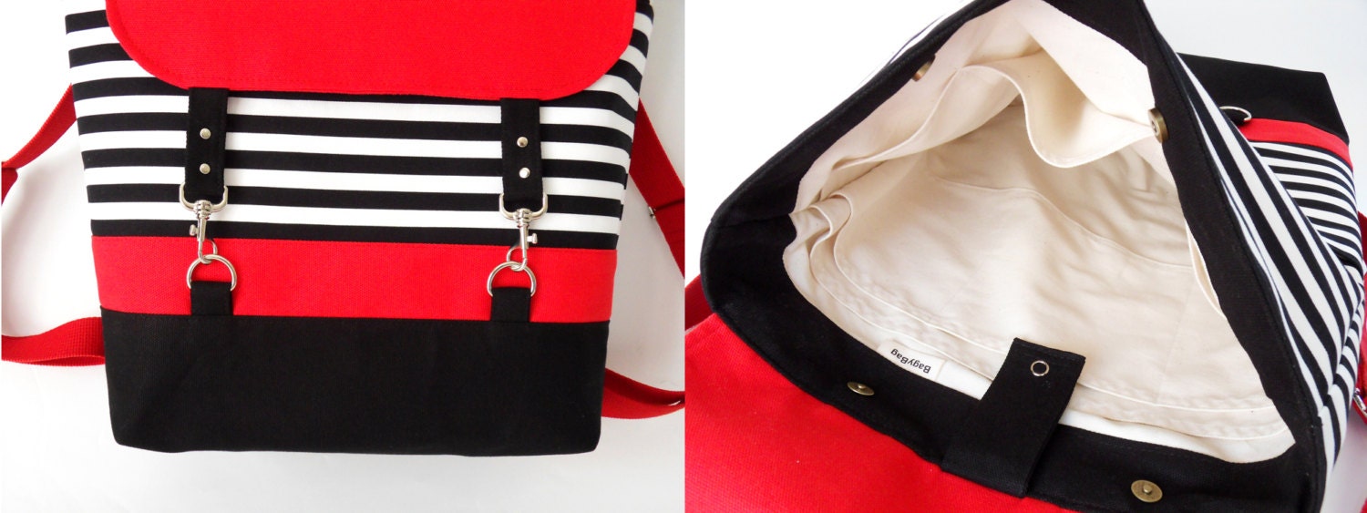 Black stripe canvas backpack / Laptop backpack / School bag / Laptop bag / With clasp closure, Front pocket, Design by BagyBags