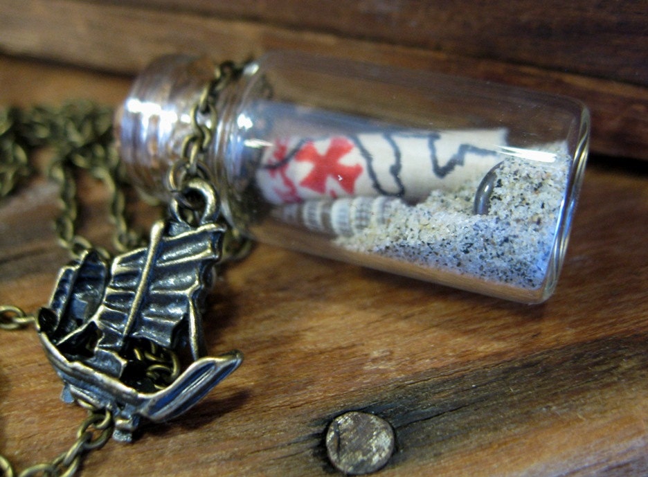 Glass Bottle Necklace With Miniature Treasure Map Inside - At World's End Chinese Junk Design