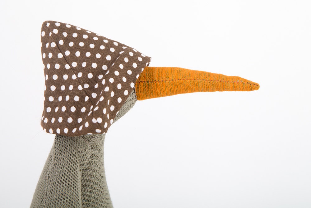 Plush Bird Doll - olive duck soft toy with Golden Orange beak , Dotted Brown hat , brown corduroy trousers - timohandmade Eco Stuffed Doll
