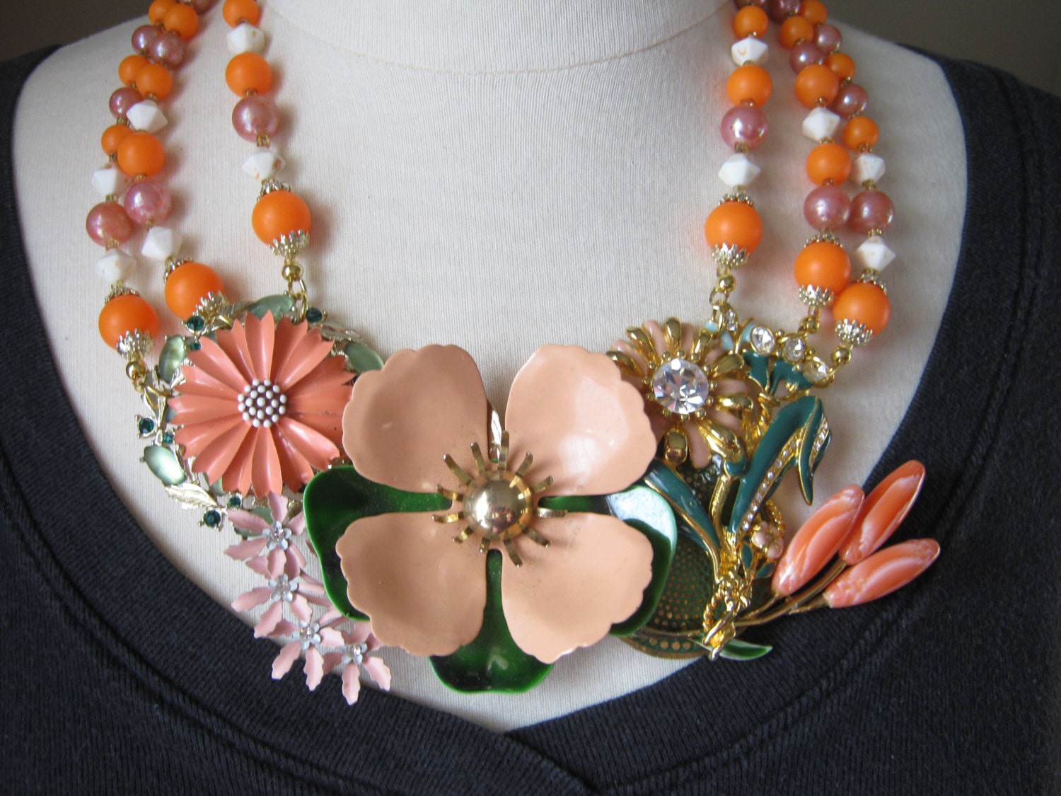 Statement Necklace, Upcycled, Vintage Enamel Flowers, Peach, Coral, Pink, Flower Power, Bridal Necklace, OOAK - Coral Delight