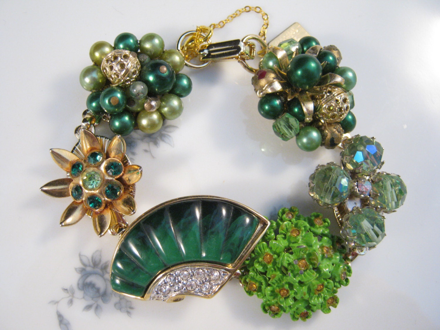 Bridesmaid Gift, Vintage Earring Bracelet, Reclaimed, Upcycled, Cluster Earrings, Emerald Green, Gold, Under 40 - Emerald Fan