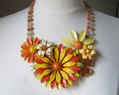 Statement Necklace, Vintage Enamel Flower,  Upcycled, Yellow, Orange, Marigold, Naples, Bib, Multi Strand, Repurposed, OOAK - Carnival