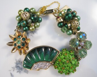 Bridesmaid Gift, Vintage Earring Bracelet, Reclaimed, Upcycled, Cluster Earrings, Emerald Green, Gold, Under 40 - Emerald Fan