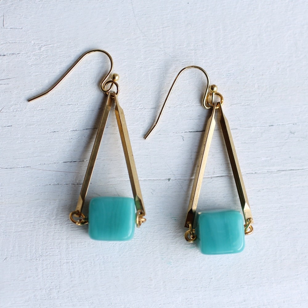 Turquoise Neon Earrings ... Geometric Aqua Seafoam Block