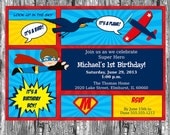 Super Hero Birthday Party Invitation, PRINTABLE INVITATION DESIGN, Red & Blue