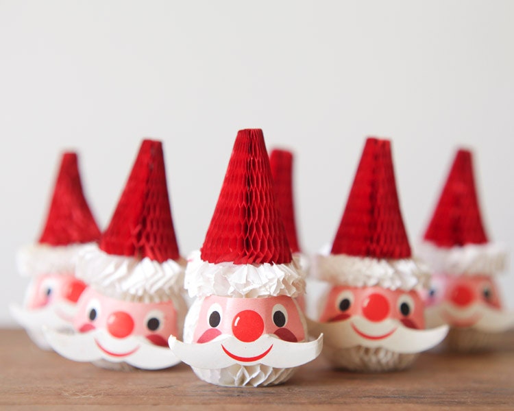 Vintage Santa Christmas Decorations - Honeycomb Paper, Made in Japan - Set of 6 in Original Box