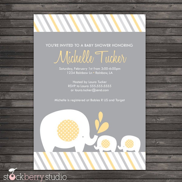 Twin Elephants Baby Shower Printable Invitation Gray and Yellow Il_570xn