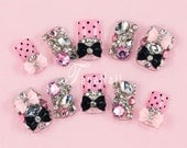 Japanese 3D Nail Art, Press On Nails, False Nails - Pink Polka Dots Nails, Ribbon Nails, Hot Item (T105N)