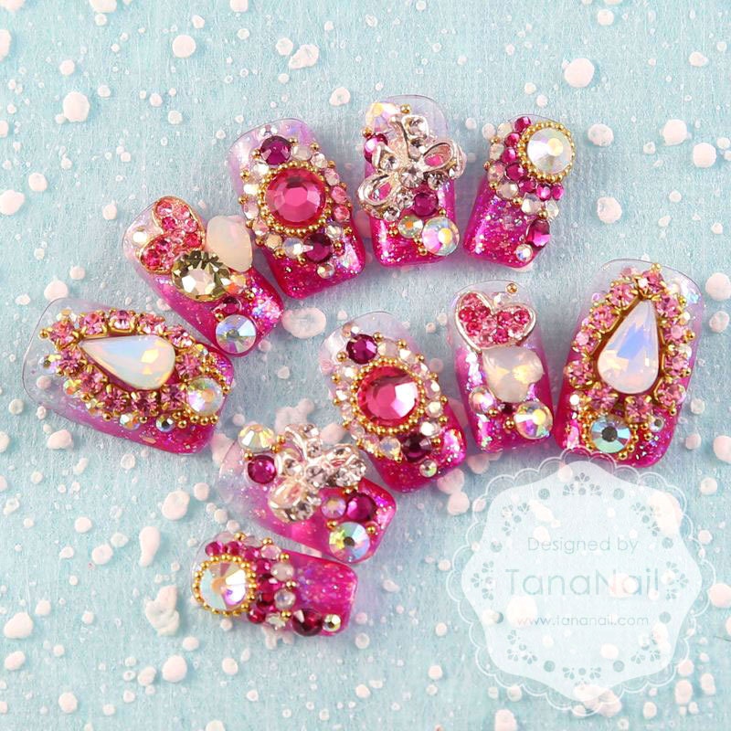 Japanese 3D Nail Art, Press On Nails, False Nails - Vintage Indian Style Violet Glitter (T127K)