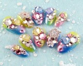 Japanese 3D Nail Art, Press On Nails, False Nails - Colorful Rainbow Rhinestone Nails (T136K)