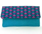 Geometric pattern fold over clutch in hand block printed fabric, magenta and peacock green,  clutch purse