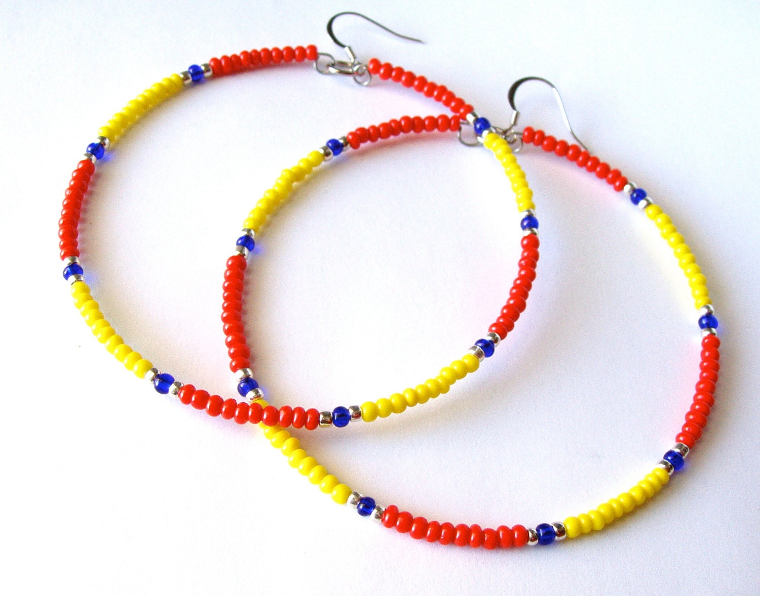 African & Tribal Inspired Large Beaded Hoops -  Red, Yellow with Silver, Deep Blue accents(La NomRah x Vibrant)