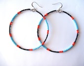 African & Tribal Inspired Large Beaded Hoops - Black, Turquoise with Red, Orange accents (La NomRah x Vibrant) - LaNomRahDesigns African & Tribal Inspired Large Beaded Hoops - Black, Turquoise with Red, Orange accents (La NomRah x Vibrant) - LaNomRahDesigns