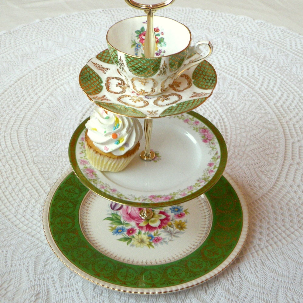 Alice Goes to Oz, Emerald Green 3 Tier Cupcake Stand or High Tea Tray of Vintage China for Wedding, Birthday Party or Chic Shabby Shower