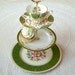 Alice Goes to Oz, Emerald Green 3 Tier Cupcake Stand or High Tea Tray of Vintage China for Wedding, Birthday Party or Chic Shabby Shower