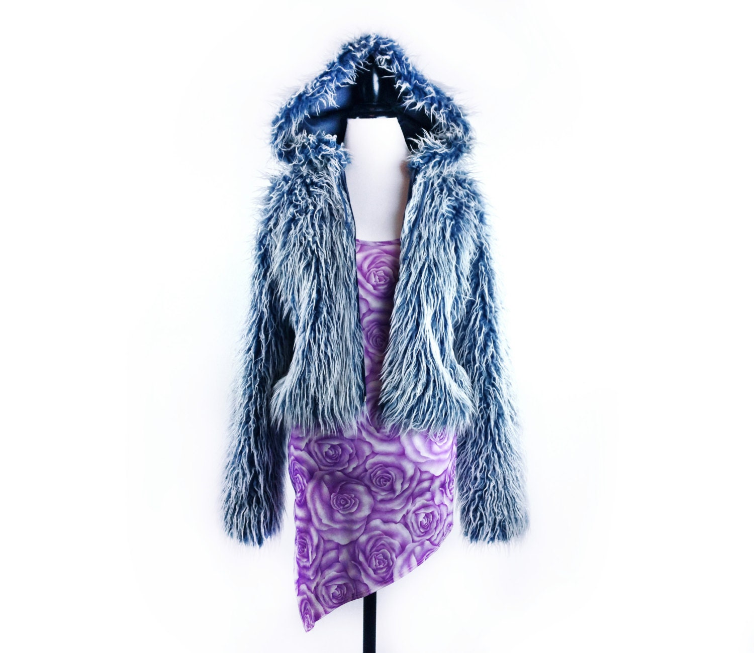 90's Baby Blue Faux Fur Shaggy Monster Fur Cropped Jacket // M