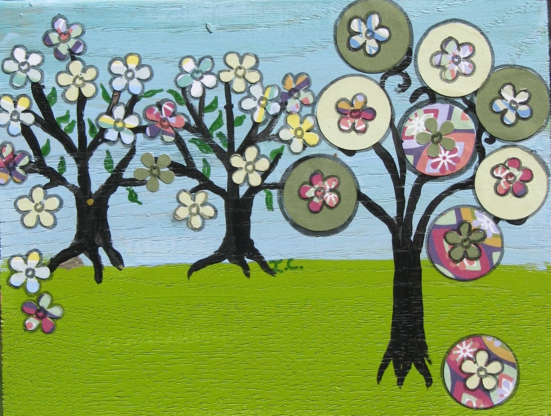 Mixed Media Original Painting on upcycled wood  Blooming trees of life folk art Happy Tree  SALE